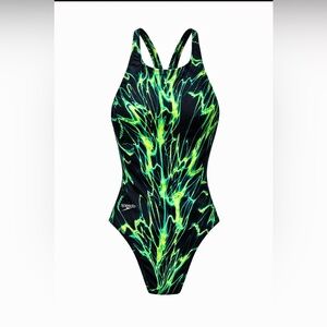 Speedo Women’s Size 12 One-Piece Swimsuit Black Neon Green Lightning